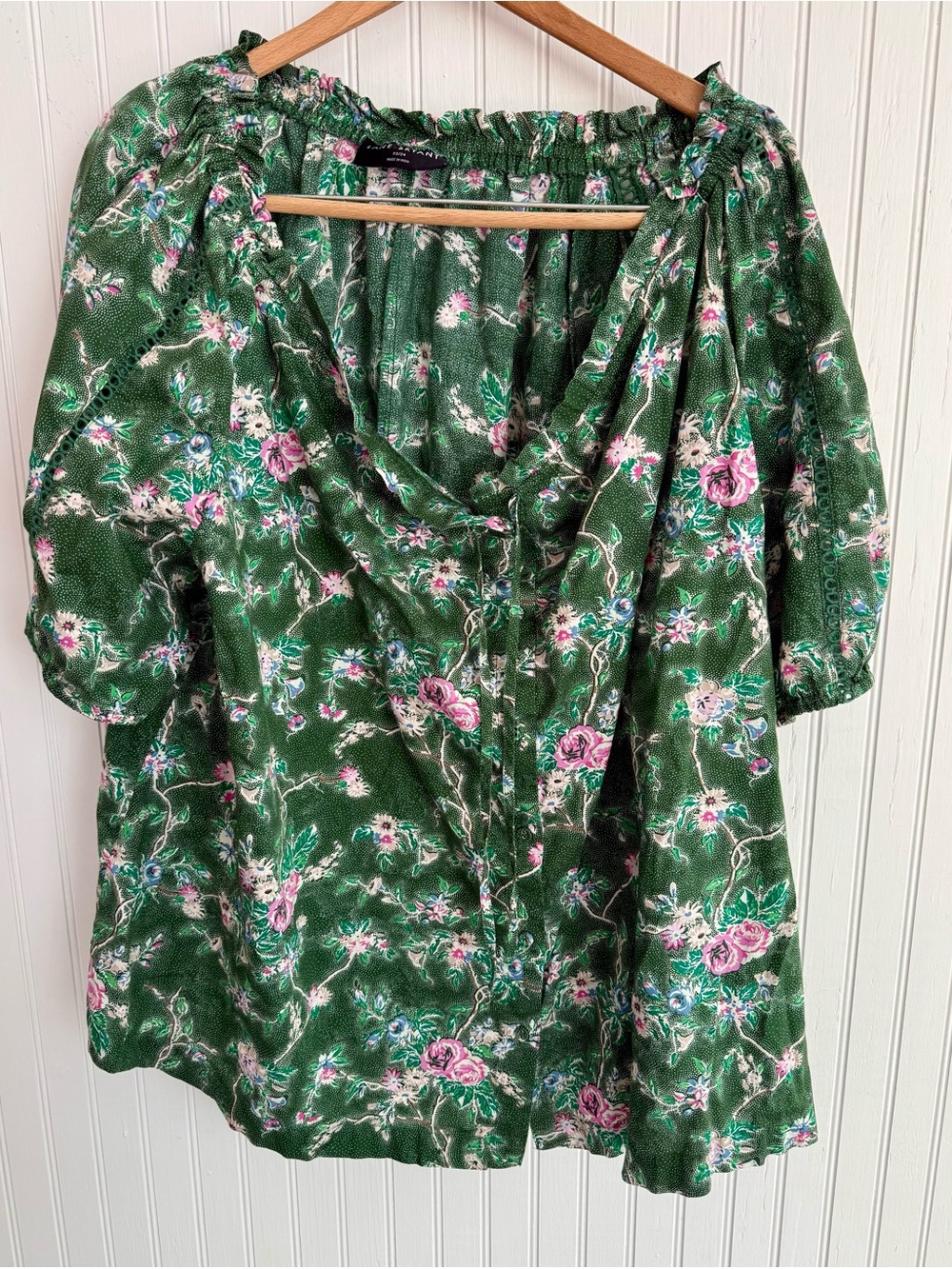 Lane Bryant Dark Green Floral Cotton Blouse with Pink Flowers Size 22